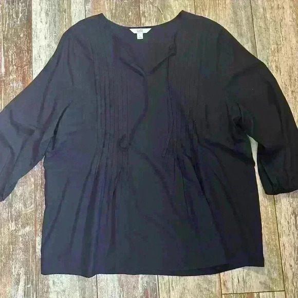 Women’s split neck black tunic length peasant top with 3/4 sleeves, size L - Picture 1 of 4